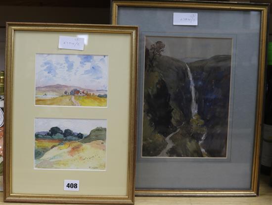 William Walls, watercolour, waterfall, 26 x 18cm and a pair of framed watercolour landscapes, 10 x 15cm